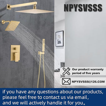 12" Shower Faucet Set Rain Shower System with 6" Wall Mounted Head Full Body Luxury Rain Shower System Rainfall Shower Head with Handheld Combo,3 Way Pressure Balance Valve Kit,Brushed Gold