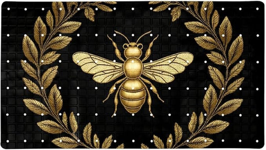 Bath Tub and Shower Mats, Non Slip Bathmat with Drain Holes and Suction Cups for Bathroom Floor, 15.1 x 26.8 Inch (Embroidery Art Golden Bee with Wreath)