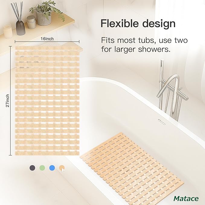Bathtub Mat Non Slip - for Inside Bath Tub & Shower, Thick & Soft Textured Surface, Fast Drain, No Pooling Water for Better Hygiene, Bathroom Accessories, 27x16 Inch, Beige, Matace