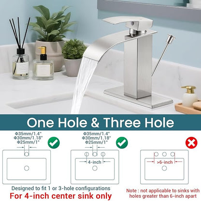 Bathroom Faucets with Lift Rod Drain Brushed Nickel Waterfall Bathroom Sink Faucet Modern Single Handle Bathroom Faucet for 1 or 3 Hole Mxier Tap Washbasin Faucet with Deck