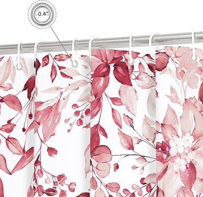 Gibelle Long Shower Curtain 72 x 78, Tall Pink Floral Shower Curtain for Bathroom, Watercolor Plant Eucalyptus Leaves Fabric Shower Curtain Set