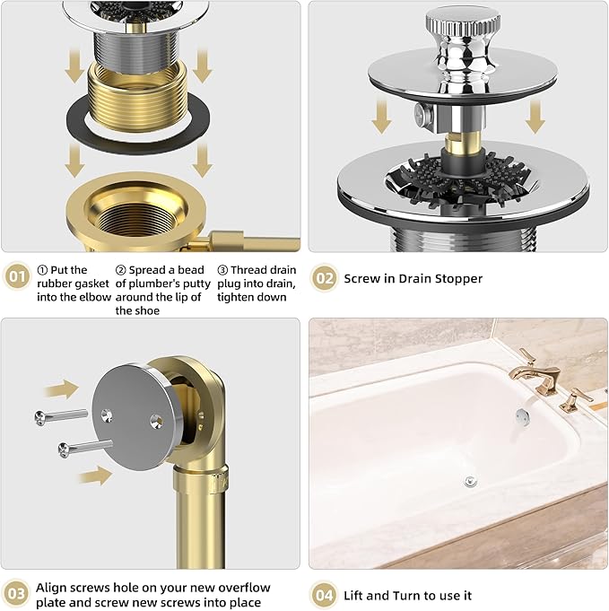 Chrome Plated Bathtub Drain, Hair Catcher and 2-Hole Overflow Faceplate, 11.5/16 UNC, Lift and Turn Bathtub Drain Replacement, Tub Drain Stopper