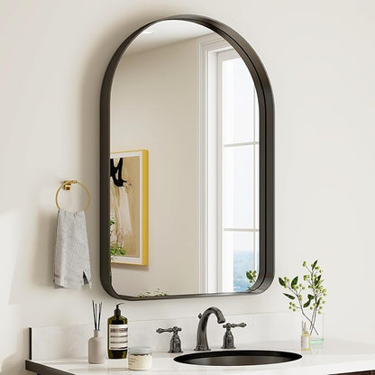 GLSLAND 20”x30“ Arched Bathroom Mirror - Black Aluminum Alloy Framed Wall Mirror, Arch Matted Vanity Mirror for Bedroom, Entryway Home Decor