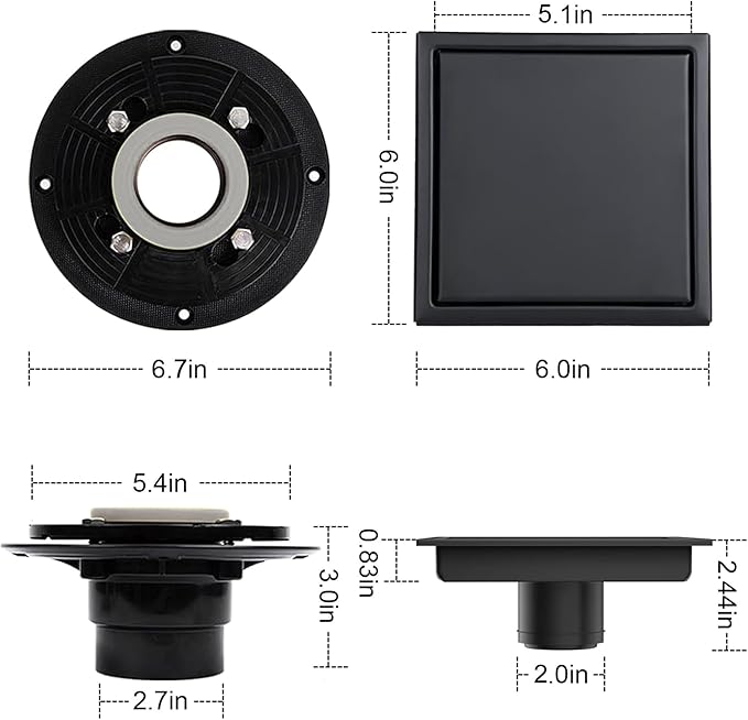 6 Inch Square Shower Floor Drain, Shower Drain Kit with Flange and 2 in 1 Tile-Insert Cover, Square Shower Drain, SUS 304 Stainless Steel Floor Drain,Matte Black