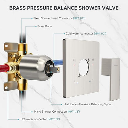 SR SUN RISE Shower Faucet Set & System - 12 Inch Rainfall Shower Head & Handle Set Wall Mounted Brushed Nickel Solid Brass Valve Trim Kit Included