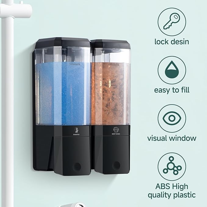 Shampoo and Conditioner Dispenser Wall Mounted No Drill, Shower Soap Dispenser 2 Chamber Shampoo Conditioner Body Wash Refillable 2 * 17oz Shower Soap Dispenser for Bathroom Hotel, Black+Clear