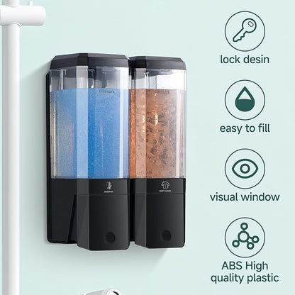 Shampoo and Conditioner Dispenser Wall Mounted No Drill, Shower Soap Dispenser 2 Chamber Shampoo Conditioner Body Wash Refillable 2 * 17oz Shower Soap Dispenser for Bathroom Hotel, Black+Clear
