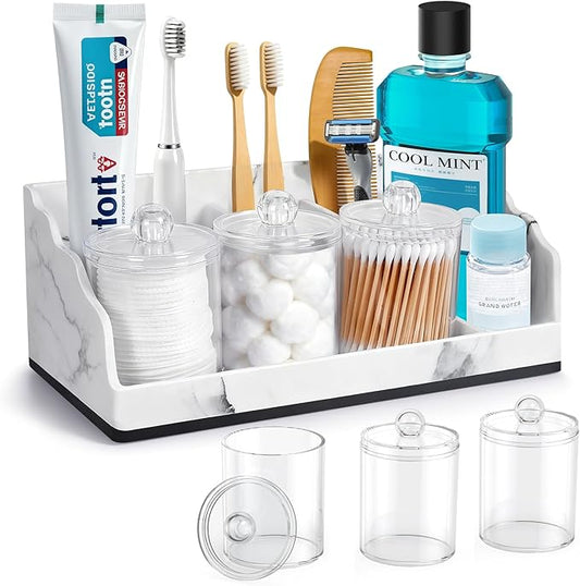 Bathroom Counter Organizer with 3PCS Qtip Holder, Marble Toothbrush Holders for Bathrooms, Bathroom Organizers and Storage with Drain Holes, Electric Toothbrush Holder, Vanity Organizer
