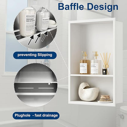Neodrain 12X18 Inch White Double Shelf Stainless Steel Shower Niche, No Tile Needed Bathroom Shelf, Two Layer Recessed Built-in Wall Niche