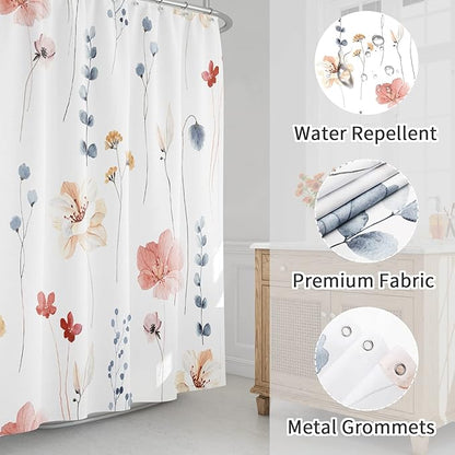 Gibelle Extra Long Shower Curtain 72 x 84, Watercolor Floral Fabric Shower Curtain, Coral Beige Flower Decorative Bathroom Shower Curtain Set