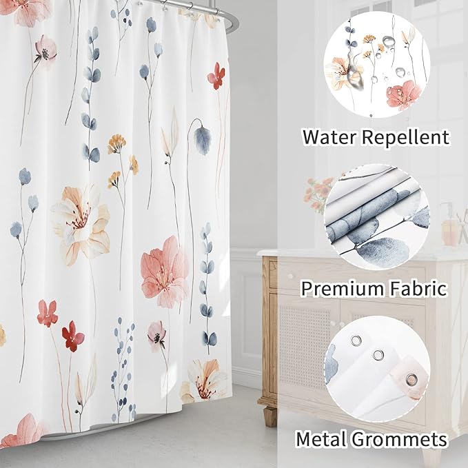 Gibelle Long Shower Curtain 72 x 78, Watercolor Floral Fabric Shower Curtain, Coral Beige Flower Decorative Bathroom Shower Curtain Set