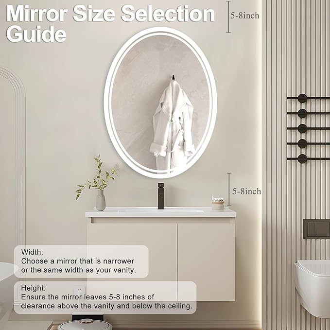 28 x 20 inch Oval LED Bathroom Mirror Anti-Fog 3 Colors Light Dimmable Wall Mounted Lighted Bathroom Vanity Mirror Memory Makeup Mirror Touch Switch
