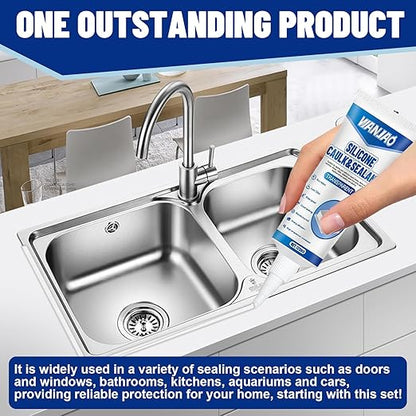 2PCS Clear Caulking Silicone Waterproof, Silicone Sealant Waterproof Clear High Efficiency Long-Lasting for Bathroom Glass Partitions Wash Basins Bathtubs Kitchen Countertops Corner, 2 * 120ml