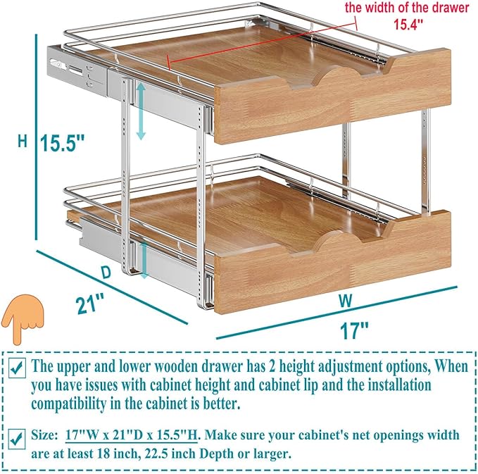 OCG Pull Out Cabinet Organizer 17" W x 21" D, 2 Tier Slide Out Shelf, Heavy-Duty Pull Out Drawer for Cabinets, Base Cabinet Organization for Kitchen, Pantry, Bathroom