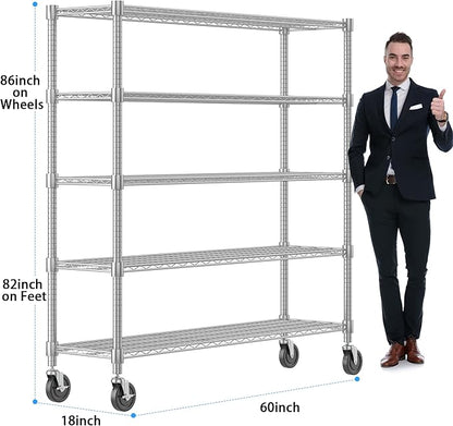 Homdox Heavy Duty Metal Shelves for Storage, 5 Tier Storage Racks and Shelving, Commercial Adjustable Wire Shelving Unit on Wheels, Garage Rack Pantry Shelves Kitchen Shelving, 18"x60"x82", Chrome