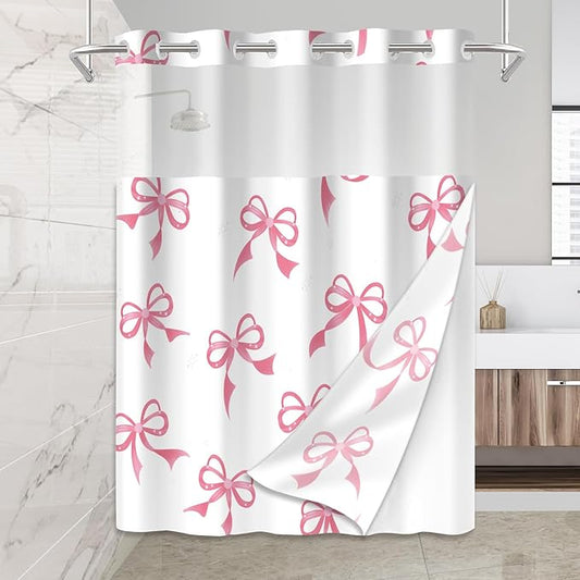 Cute Pink Bow No Hook Shower Curtain Set with Snap in Fabric Liner for Bathroom,with See Through Top Window,Double Shower Curtain with Detachable Liner Replacement,Machine Washable,71"x 74"