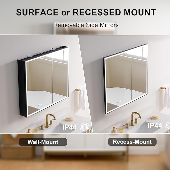 WELLFOR 36" X 30" LED Mirrored Medicine Cabinet, Medicine Cabinets with Lights for Bathroom, Defogging Function Mirror Cabinet, Bathroom Medicine Cabinet with USB Port & Outlet, Double Doors
