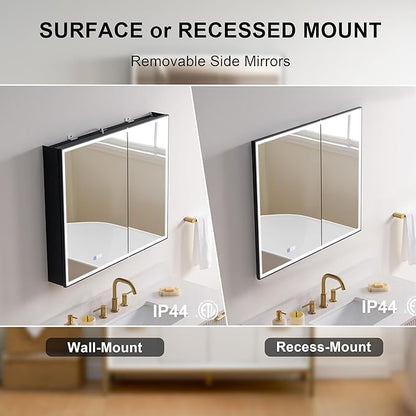 WELLFOR 36" X 30" LED Mirrored Medicine Cabinet, Medicine Cabinets with Lights for Bathroom, Defogging Function Mirror Cabinet, Bathroom Medicine Cabinet with USB Port & Outlet, Double Doors
