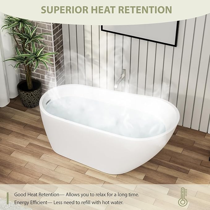 Mocoloo Freestanding Bathtub - 59 Inch Acrylic Stand Alone Soaking Bath Tub for Bathroom with a Right Overflow and Drain
