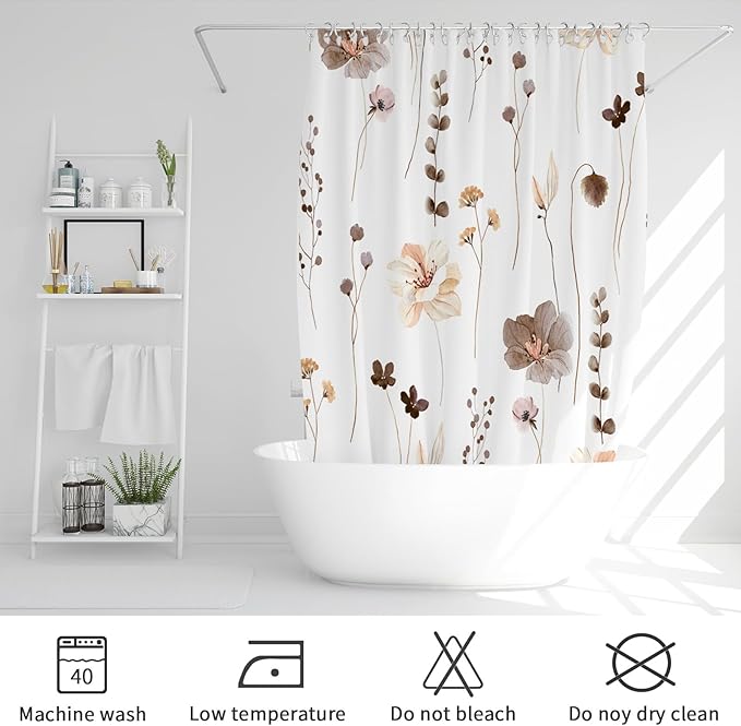 Gibelle Watercolor Floral Shower Curtain, Brown Beige Flower Shower Curtain for Bathroom, Modern Minimalist Waterproof Fabric Shower Curtain Set 72x72 Inch