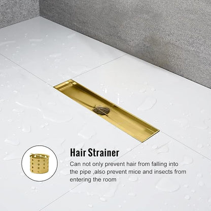 Linear Shower Drain, 12 inch Gold Drain with Tile Insert 2-in-1 Panel, Brushed 304 Stainless Steel Gold Shower Floor Drain, Linear Drain with Hair Strainer and Adjustable Feet