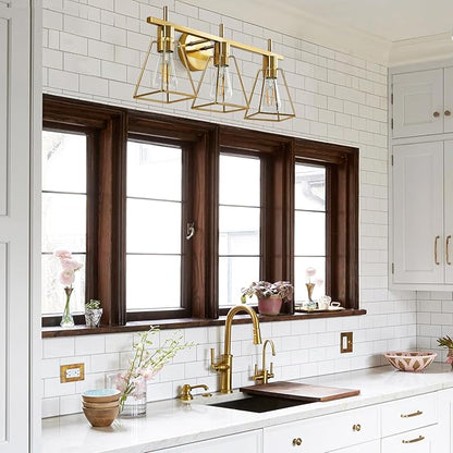 Industrial Bathroom Vanity Lights: 3 Lights Brushed Gold Vintage Metal Cage Wall Lamps - Rustic Farmhouse Lightning Fixture Over Mirrors Cabinet for Dressing Hallway