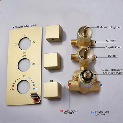 Thermostatic Shower System Brushed Gold Shower Faucet Set, Four Modes Shower Faucet with 4 PCS Body Jet, Handheld Spray, Ceiling Mount 12 inch Shower Head with 8 inch Wall Mount Shower Head