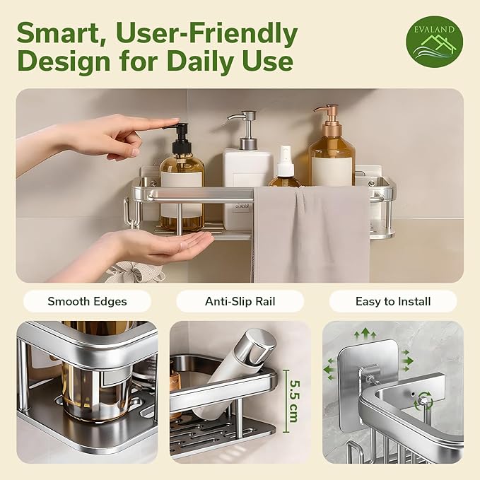 Shower Caddy Adhesive 2Pack with Hooks and Rod for Towels Silver-Premium Bathroom Shower Shelves Shampoo Organizer Rack Storage Bathtub Shelf Rustproof Easy Installation Sturdy Build Sleek Modern Look