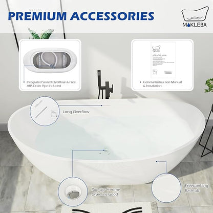 67" Lucite Acrylic Freestanding Bathtub, Double Slipper Shape Contemporary Soaking Tub with Toe-tap Chrome Drain, Slotted Overflow, cUPC Certified, Glossy White