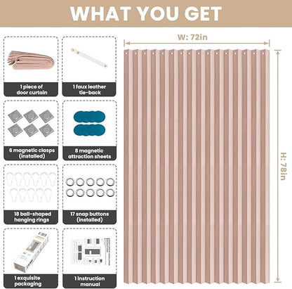 Accordian Door Curtain, 100% Blackout Folding Magnetic Doorway Curtains,Linen Style Closet Doors,for Room Divider,Privacy Protection（W72 x L78,Pink,1 Panel）