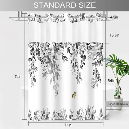 No Hook Shower Curtain and Liner Set, Grey Eucalyptus Floral Shower Curtains for Bathroom, Bath Curtain Sets with Snap in Liner, Waterproof with See Through Top Window, 71x74 Inches