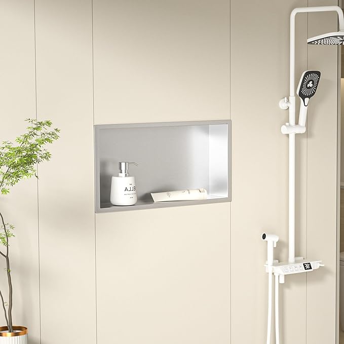 Stainless Steel Shower Niche 24" X 12" Brushed No Tile Needed Niche Shower Recessed Wall Horizontal Niches for Bathroom Storage Over Mount Installation