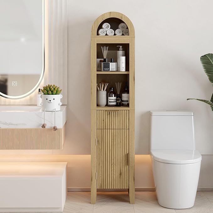 64.2" Arched Bathroom Storage Cabinet with 3 Shelves, Drawer, and Hidden Compartment – Modern Oak Storage Unit for Bathroom, Entryway, Living Room