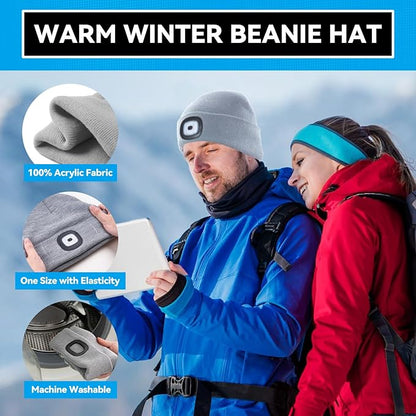 Christmas Stocking Stuffers for Men Adults, Beanie Hats with Light, USB Rechargeable LED Hand Free Headlamp, Birthday Gifts for Men, Women, and Teens, Ideal for Camping, Hiking, Grey
