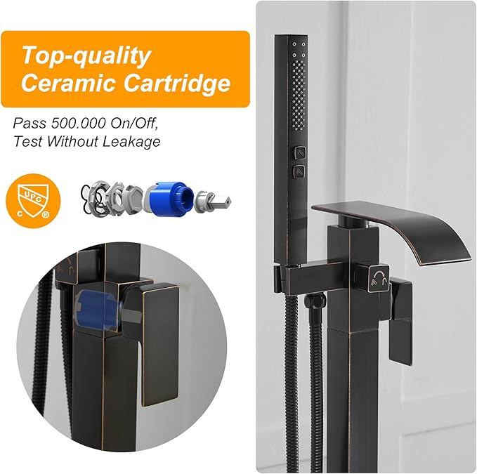 BESy Freestanding Tub Faucet Oil Rubbed Bronze Floor Mounted Tub Filler Faucet Brass Bathroom Tub Faucets with 2 Function Hand Shower