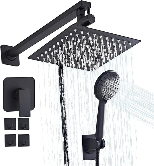 Shower Head 8'' High Pressure Rainfall, Handheld Shower Combo with 11'' Extension Arm, 5 Spray, Anti-leak Luxury Premium Quality, Rainfall Shower Head with Handheld Spray Combo, Matte Black