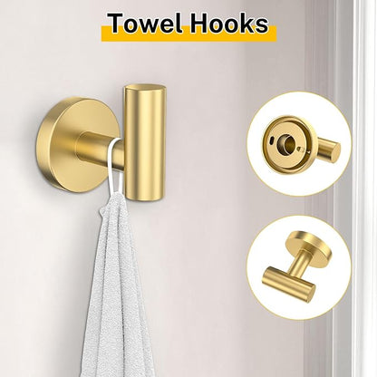 Brushed Gold Bathroom Hardware Set 5 Pieces Towel Bar Set Round Towel Holder Set for Bathroom,Upgraded Toilet Paper Holder with Shelf,Stainless Steel Wall Mounted 23.6 Inch