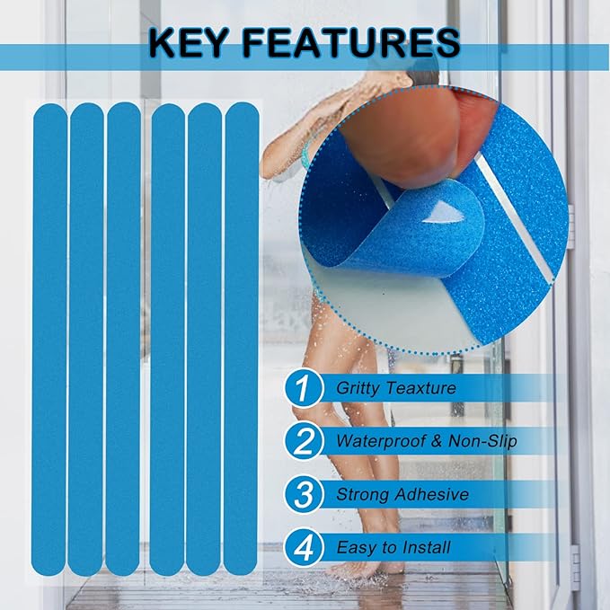 S&X Non Slip Bath Stickers,Gritty Textured Slip-Resistant Treads,0.75-Inch by 11-Inch,12 Strips Per Pack (Blue)