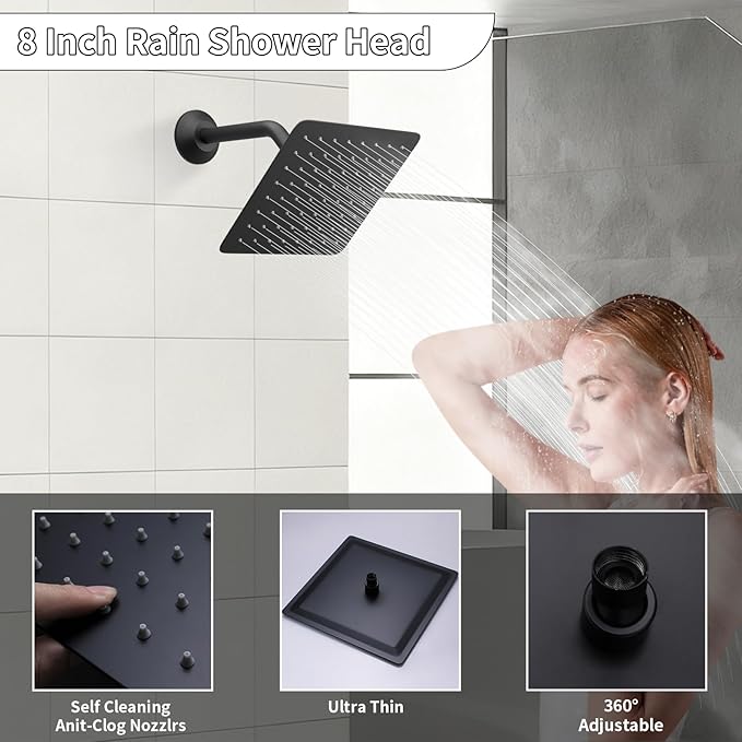 Bathroom Rainfall Shower System Wall Mount 8 Inch Shower Head With Handled Spray 6 Pcs jets Temperature Display Shower Faucet Set (Matte Black)