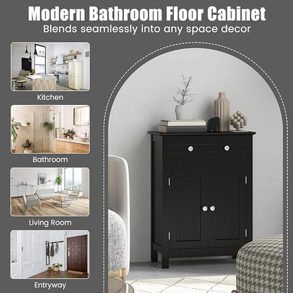 COSTWAY Bathroom Floor Cabinet, Wooden Side Storage Organizer w/Larger Drawer, Adjustable Shelf & 2-Door Cupboard, Freestanding Storage Cabinet for Living Room, Kitchen, Entryway (Black)