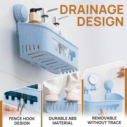 LEVERLOC Shower Caddy Suction Cup, Shower Organizer Removable Bathroom Shelf, Storage Suction Powerful Max Hold 22lbs Bathroom Caddy Waterproof Holder, Blue