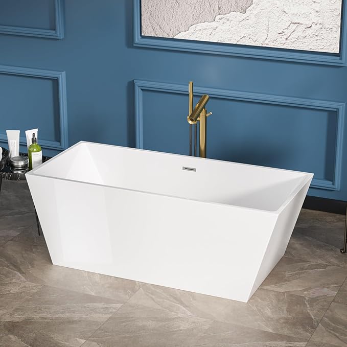 Sarlai 67 Inch Acrylic Freestanding Soaking Bathtub Contemporary Soaking White Tub Stand Alone Ergonomic Bathtub with Chrome Overflow and Drain