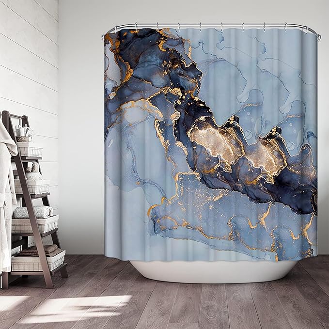 Domoku Blue Marble Shower Curtain 72x72 – Blue and Gold Waterproof Fabric Shower Curtain with Hooks, Abstract Art Bathroom Decor, Machine Washable Curtain for Apartment, Guest Bath