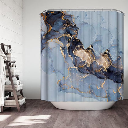 Domoku Blue Marble Shower Curtain 72x72 – Blue and Gold Waterproof Fabric Shower Curtain with Hooks, Abstract Art Bathroom Decor, Machine Washable Curtain for Apartment, Guest Bath