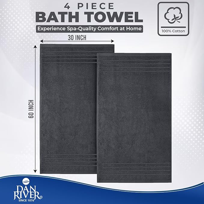 DAN River Extra Large Bath Towels Set of 4, 30 x 60 Inches - 100% Cotton Larger & Lighter Weight Towels for Bathroom - Quicker to Dry, Super Soft & Highly Absorbent Towels for Home, Charcoal