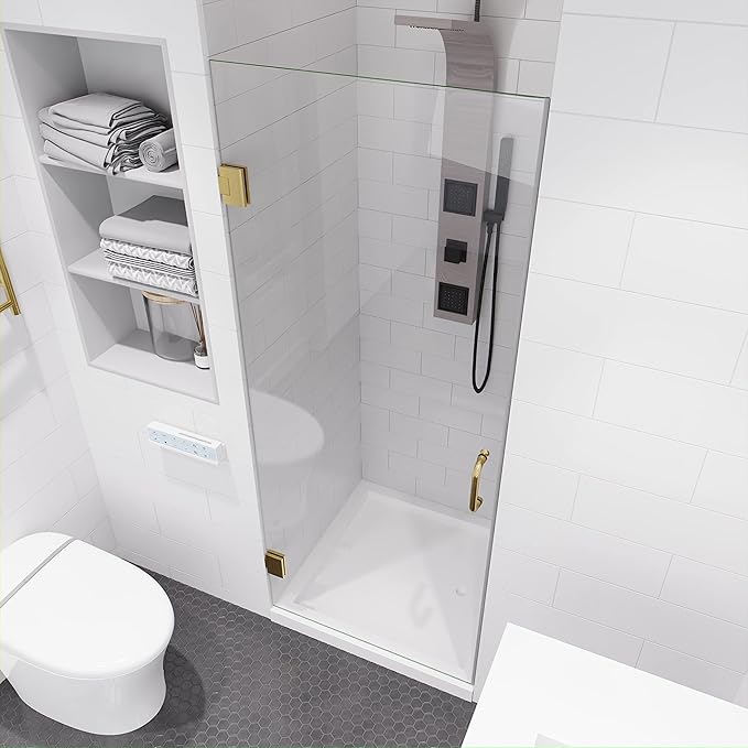 ANZZI 70" x 24" Frameless Shower Door in Brushed Gold,Water Repellent Glass Shower Door with Seal Strip Parts and Handle, 5/16 Glass Hinged Shower Door with Handle (SD-AZ09-01BG)