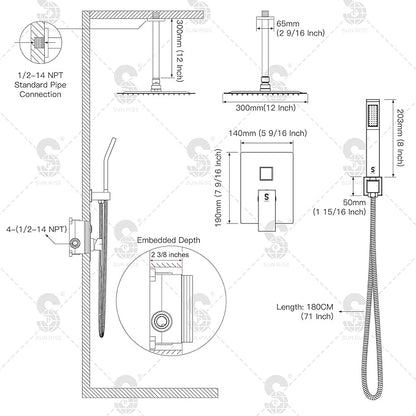 SR SUN RISE 12 Inch Oil Rubbed Bronze Shower System Brass Bathroom Luxury Rain Mixer Shower Combo Set Ceiling Mounted Rainfall Shower Head System Faucet Trim Repair Kits with Rough-In Valve and Trim
