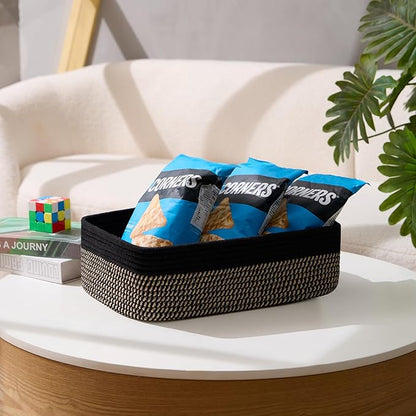Large Shallow Organizing Baskets 15x11x5.1 Inches - Rope Woven Storage Bins for Bathroom, Shelves, Cube Closet, Black Woven Brown 3 Packs