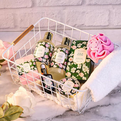 Gift Basket for Women - 8 Pc Rose & Jasmine Beauty & Personal Care Set - Home Bath Pampering Package for Relaxing - Spa Self Care Kit - Thank You, Birthday, Mom, Anniversary, Christmas Gift
