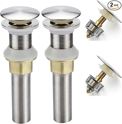Bathroom Sink Drain,2 Pack Drain Stopper Bathroom Sink Without Overflow,Pop Up Drain Assembly with Detachable Strainer Basket,Built-in Anti-Clogging Strainer,Stainless Steel Brushed Nickel